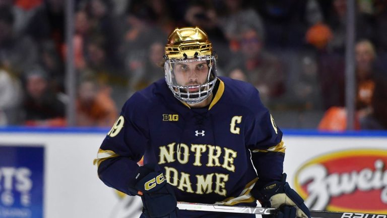 Notre Dame forward Landon Slaggert in action during the second period of an NCAA hockey game against RIT on Saturday, Oct.14, 2023 in Rochester, N.Y. (Adrian Kraus/AP Photo)