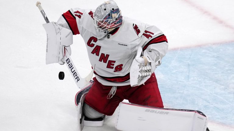 Carolina Hurricanes goaltender Spencer Martin makes a save against the Boston Bruins during the third period of an NHL hockey game Wednesday, Jan. 24, 2024, in Boston. (Charles Krupa/AP)