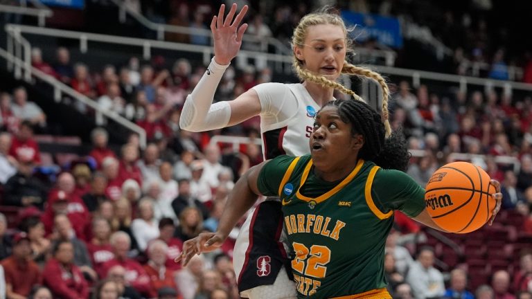 Norfolk State forward Kierra Wheeler, front, tries to get around Stanford forward Cameron Brink during the first half of a first-round college basketball game in the women's NCAA Tournament in Stanford, Calif., Friday, March 22, 2024. (AP Photo/Godofredo A. Vásquez)