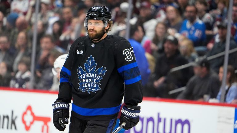 Toronto Maple Leafs defenseman Timothy Liljegren (37) in the first period of an NHL hockey game Saturday, Feb. 24, 2024, in Denver. (David Zalubowski/AP)