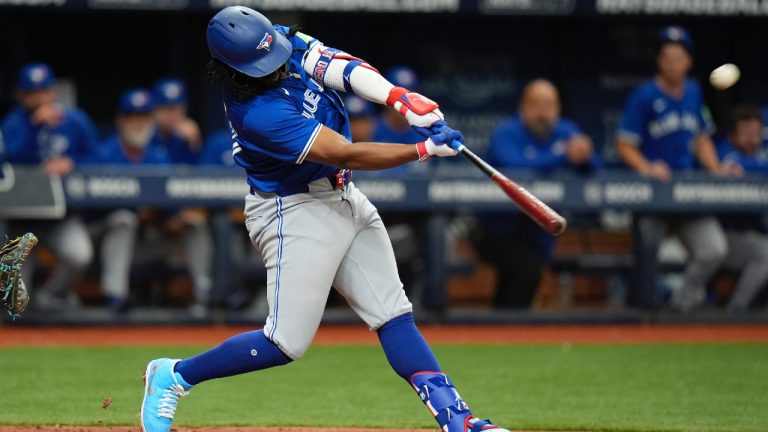 Toronto Blue Jays' Vladimir Guerrero Jr. connects for a home run off Tampa Bay Rays starting pitcher Zach Eflin during the sixth inning of a baseball game Thursday, March 28, 2024, in St. Petersburg, Fla. (AP)