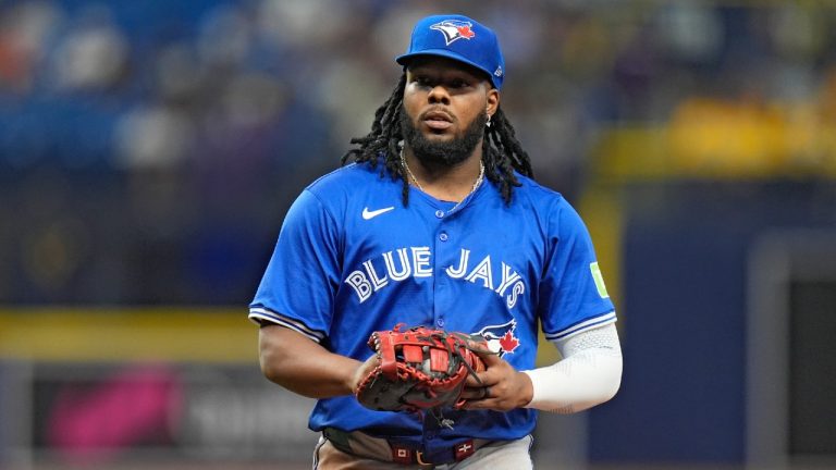 Toronto Blue Jays' Vladimir Guerrero Jr. against the Tampa Bay Rays during the ninth inning of a baseball game Friday, March 29, 2024, in St. Petersburg, Fla. (Chris O'Meara/AP)