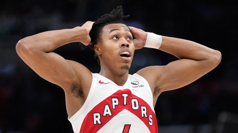 Toronto Raptors forward Scottie Barnes grabs his hair as timeout is called after turning over the ball during the second half of an NBA basketball game against the Los Angeles Clippers Wednesday, Jan. 10, 2024, in Los Angeles. (Mark J. Terrill/AP)