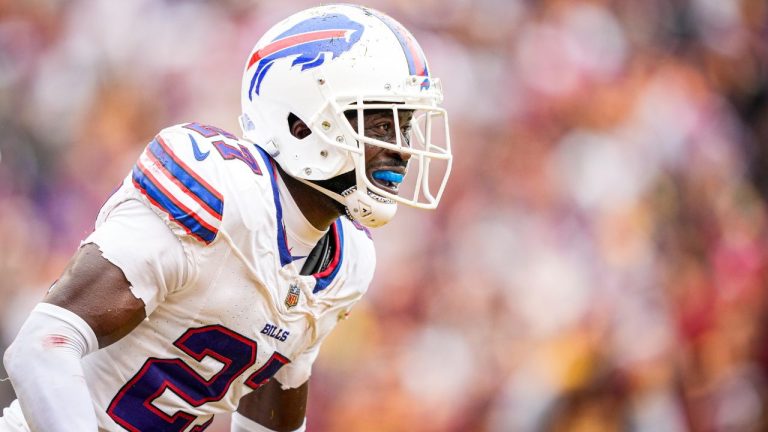 Buffalo Bills cornerback Tre'Davious White celebrates after intercepting a pass during the second half of an NFL football game against the Washington Commanders, Sunday, Sept. 24, 2023, in Landover, Md. (Andrew Harnik/AP Photo)