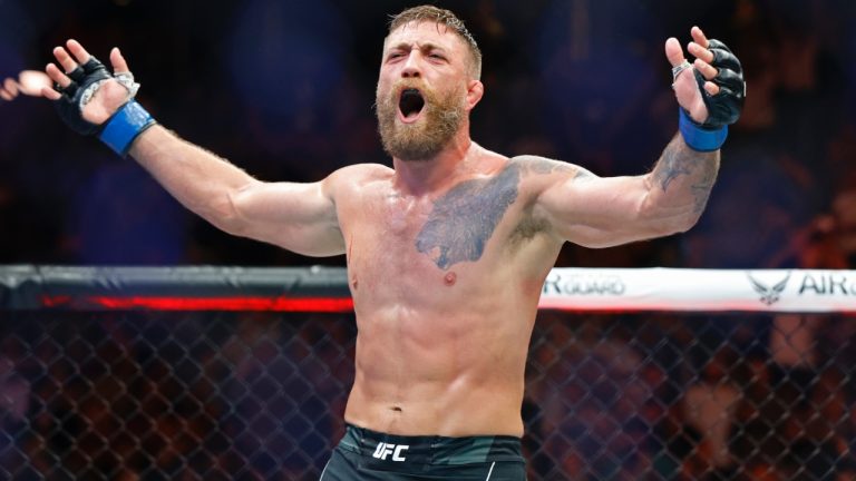 Gerald Meerschaert exults after his bout against Andre Petroski during a UFC 292 mixed martial arts fight. (Gregory Payan/AP)