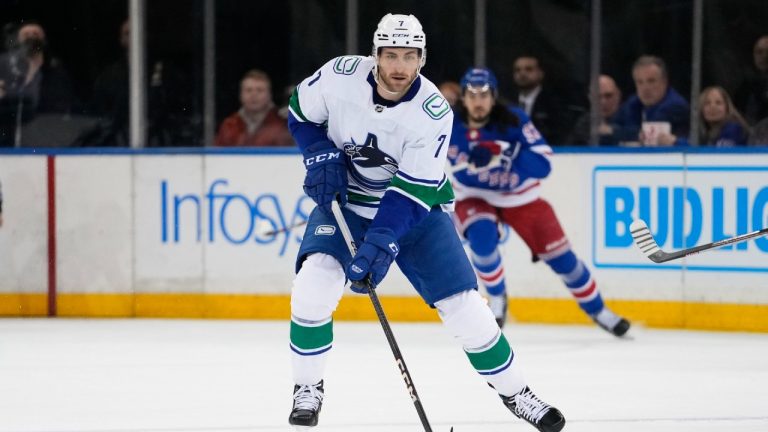 Vancouver Canucks' Carson Soucy (7) during the first period of an NHL hockey game against the New York Rangers Monday, Jan. 8, 2024, in New York. (Frank Franklin II/AP)