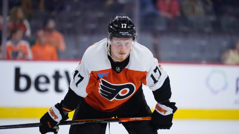 Philadelphia Flyers' Wade Allison plays during a preseason NHL hockey game, Monday, Oct. 2, 2023, in Philadelphia. (Matt Slocum/AP)