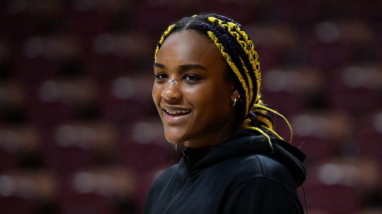 UConn forward Aaliyah Edwards (3) smiles as she watches her teammates warm up before an NCAA college basketball game in the semifinals of the Big East Conference tournament at Mohegan Sun Arena, Sunday, March 10, 2024, in Uncasville, Conn. (Jessica Hill/AP Photo)