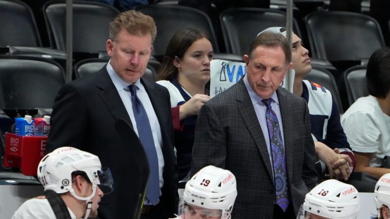 Ottawa Senators interim head coach Jacques Martin, back left, and assistant coach Daniel Alfredsson, back right, listen to Ottawa Senators right wing Vladimir Tarasenko, front left, along with Ottawa Senators right wing Drake Batherson (19) and Ottawa Senators center Tim Stutzle (18) in the second period of an NHL hockey game Thursday, Dec. 21, 2023, in Denver. (David Zalubowski/AP)