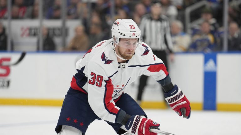 Former Washington Capitals forward Anthony Mantha (39) in action during the first period of an NHL hockey game against the St. Louis Blues Saturday, Jan. 20, 2024, in St. Louis. (Jeff Roberson/AP)