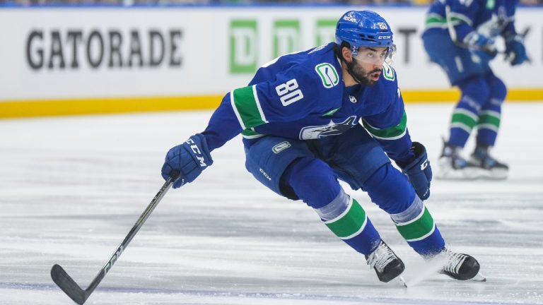 Vancouver Canucks' Arshdeep Bains skates during the first period of an NHL hockey game against the Boston Bruins in Vancouver, on Saturday, February 24, 2024. (Darryl Dyck/CP)