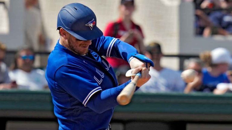 Toronto Blue Jays' Danny Jansen lines a base hit. (Chris O'Meara/AP)