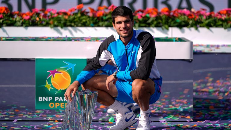 Carlos Alcaraz, of Spain, poses with the trophy after defeating Daniil Medvedev, of Russia, in the final match at the BNP Paribas Open tennis tournament, Sunday, March 17, 2024, in Indian Wells, Calif. (Ryan Sun/AP)