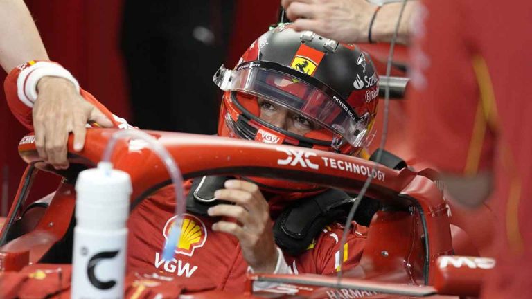 Ferrari driver Carlos Sainz of Spain sits in his car before the start of the second practice session ahead of the Formula One Saudi Arabian Grand Prix at the Jeddah Corniche Circuit in Jeddah. (Darko Bandic/AP)