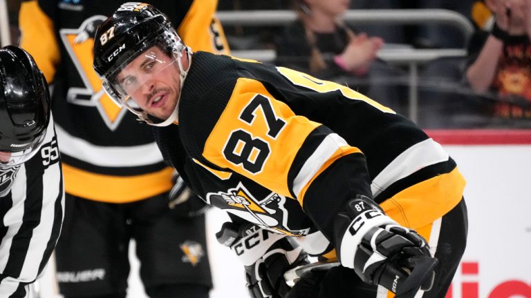 Pittsburgh Penguins' Sidney Crosby (87) prepares for a face-off during the second period of an NHL hockey game against the Edmonton Oilers in Pittsburgh, Sunday, March 10, 2024. (Gene J. Puskar/AP)