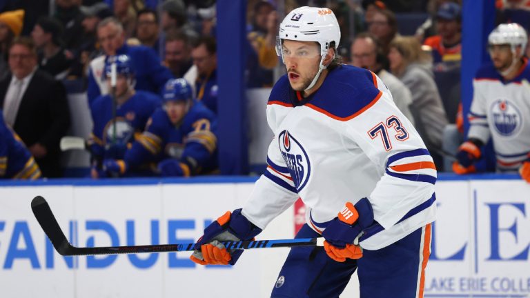 Edmonton Oilers defenceman Vincent Desharnais (73) skates during the first period of an NHL hockey game against the Buffalo Sabres Saturday, March 9, 2024, in Buffalo, N.Y. (Jeffrey T. Barnes/AP)