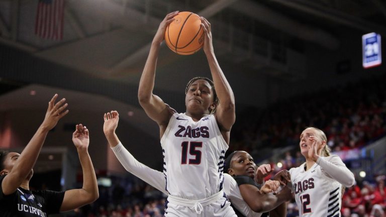 Gonzaga forward Yvonne Ejim (15) grabs a rebound during the first half of the team's first-round college basketball game against UC Irvine in the women's NCAA Tournament in Spokane, Wash., Saturday, March 23, 2024. (Young Kwak/AP Photo)