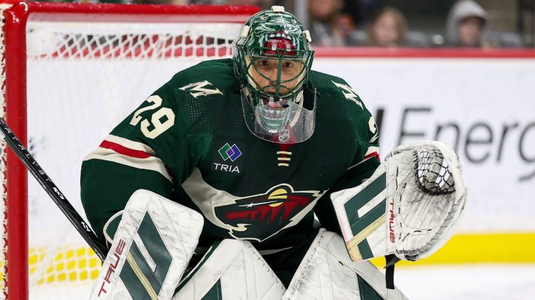 Minnesota Wild goaltender Marc-Andre Fleury defends his net during the second period of an NHL hockey game against the Pittsburgh Penguins, Friday, Feb. 9, 2024, in St. Paul, Minn. (Matt Krohn/AP)