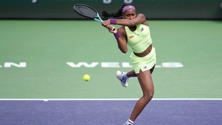 Coco Gauff, of the United States, returns a shot to Lucia Bronzetti, of Italy, at the BNP Paribas Open tennis tournament Monday, March 11, 2024, in Indian Wells, Calif. (Mark J. Terrill/AP)