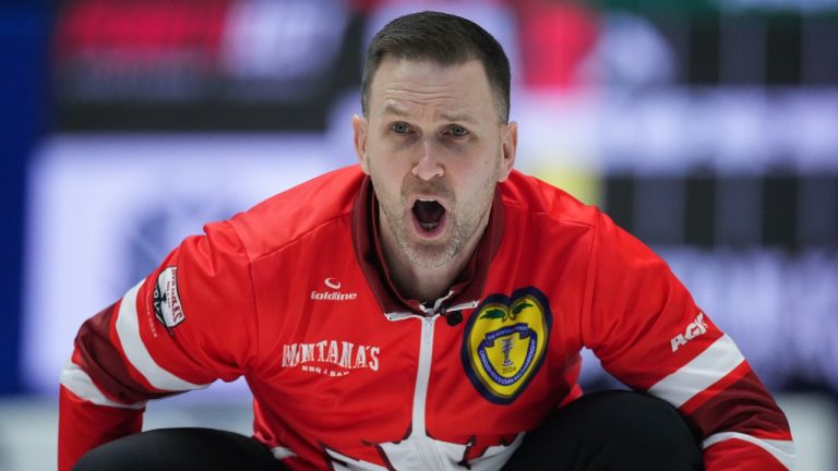 Team Canada skip Brad Gushue calls out to the sweepers while playing Team Alberta-Bottcher during the playoffs at the Brier, in Regina, on Saturday, March 9, 2024. (Darryl Dyck/CP)