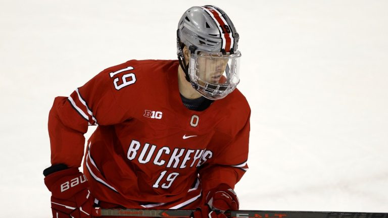 Ohio State's Stephen Halliday plays during an NCAA hockey game on Friday, Oct. 20, 2023, in Ann Arbor, Mich. (Al Goldis/AP)