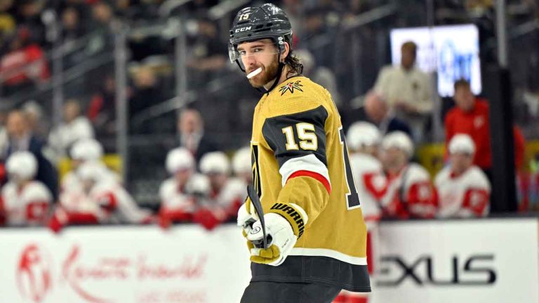 Vegas Golden Knights defenseman Noah Hanifin looks on during the third period of an NHL hockey game against the Detroit Red Wings. (David Becker/AP)