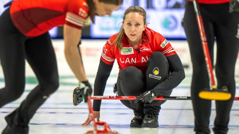 Canada skip Rachel Homan watches a shot in World Women's Curling Championship action against Scotland in Sydney, N.S. on Friday, March 22, 2024. (Frank Gunn/CP)