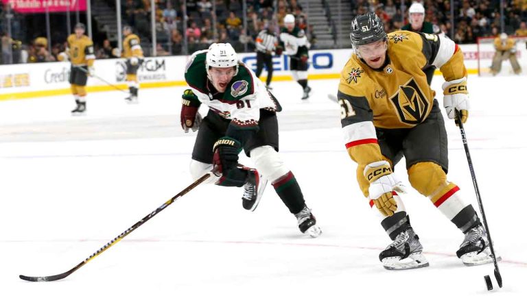 Vegas Golden Knights center Byron Froese (51) skates against Arizona Coyotes right wing Josh Doan (91) during the third period of a preseason NHL hockey game. (Steve Marcus/AP)