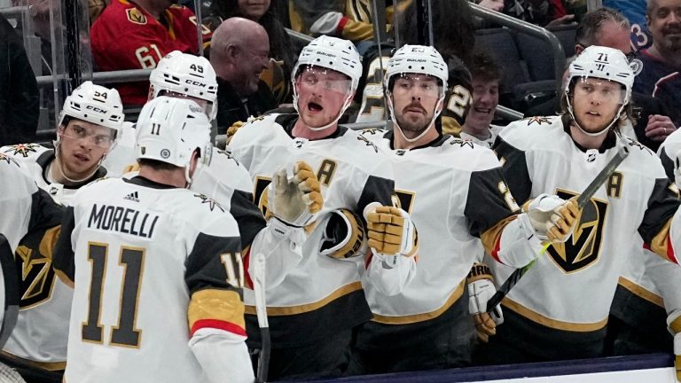 Vegas Golden Knights left wing Mason Morelli (11) celebrates after his goal with teammates in the first period of an NHL hockey game against the Columbus Blue Jackets Monday, March 4, 2024, in Columbus, Ohio. (Sue Ogrocki/AP Photo)