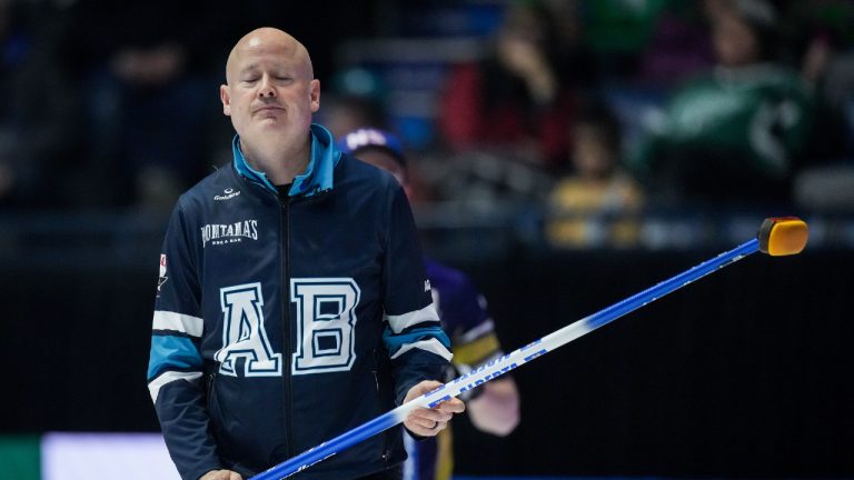 Alberta-Koe skip Kevin Koe reacts to his shot while playing Nova Scotia during the Brier, in Regina, on Tuesday, March 5, 2024. (Darryl Dyck/CP)