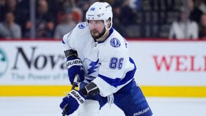 Tampa Bay Lightning's Nikita Kucherov plays during an NHL hockey game, Tuesday, Feb. 27, 2024, in Philadelphia. (Matt Slocum/AP)