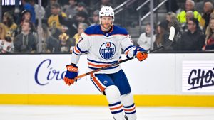 Edmonton Oilers defenceman Brett Kulak (27) skates against the Vegas Golden Knights during the first period of an NHL hockey game Tuesday, Feb. 6, 2024, in Las Vegas. (David Becker/AP Photo)