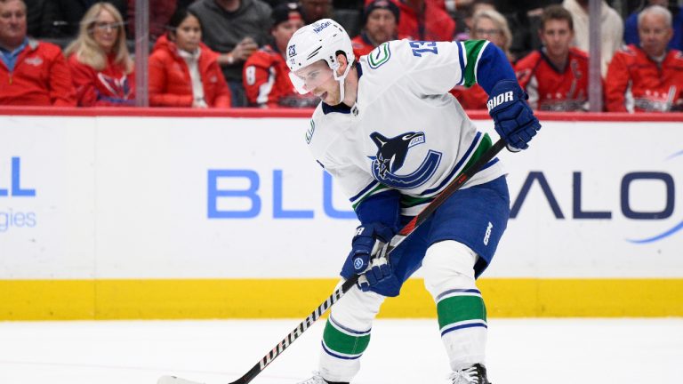 Vancouver Canucks' Elias Lindholm took warmups at Rogers Arena on Wednesday ahead of the Canucks' clash against the Coyotes. (Nick Wass/AP)