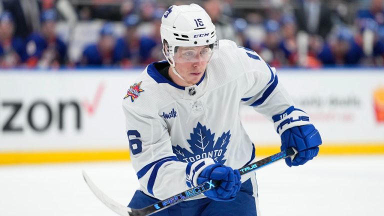 Toronto Maple Leafs' Mitchell Marner during the first period of an NHL hockey game against the New York Islanders Thursday, Jan. 11, 2024, in Elmont, N.Y. (Frank Franklin II/AP)