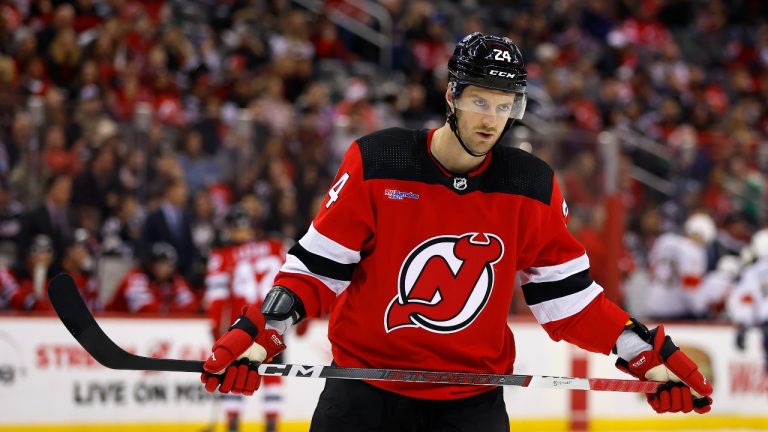 New Jersey Devils defenceman Colin Miller (24) during the first period of an NHL hockey game against the Florida Panthers, Tuesday, March 5, 2024, in Newark, N.J. (Noah K. Murray/AP Photo)