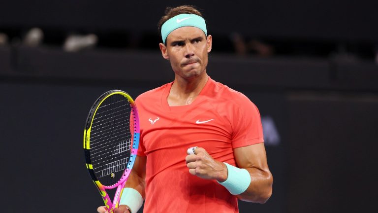 Rafael Nadal of Spain reacts after winning a point in his match against Jason Kubler of Australia during the Brisbane International tennis tournament in Brisbane, Australia, Thursday, Jan. 4, 2024. (Tertius Pickard/AP)