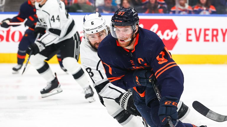 Edmonton Oilers centre Connor McDavid holds off Los Angeles Kings defenceman Drew Doughty in the third period of the Edmonton Oilers game versus the Los Angeles Kings on March 28, 2024, at Rogers Place in Edmonton. (Getty Images)