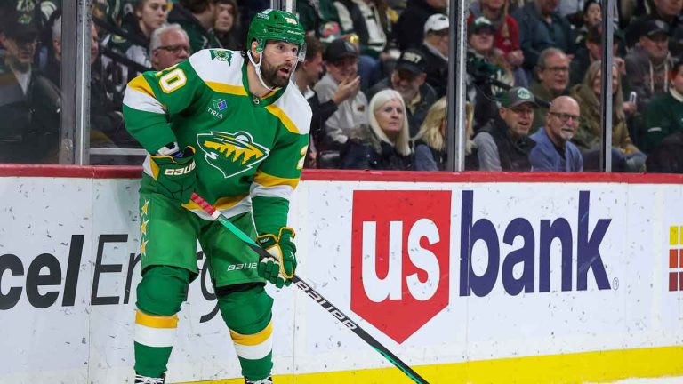 Minnesota Wild left wing Pat Maroon (20) skates with the puck during the second period of an NHL hockey game. (Matt Krohn/AP)