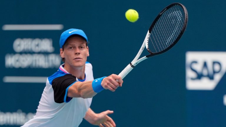 Jannik Sinner, of Italy, hits a return to Daniil Medvedev, of Russia, during a semifinal match at the Miami Open tennis tournament, Friday, March 29, 2024, in Miami Gardens, Fla. (Lynne Sladky/AP)