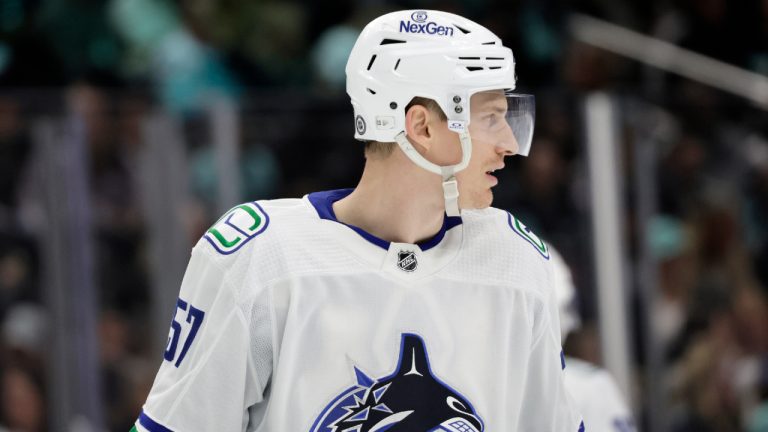 Vancouver Canucks defenceman Tyler Myers skates to his position for a face off against the Seattle Kraken during the third period of an NHL hockey game, Thursday, Feb. 22, 2024, in Seattle. (John Froschauer/AP)