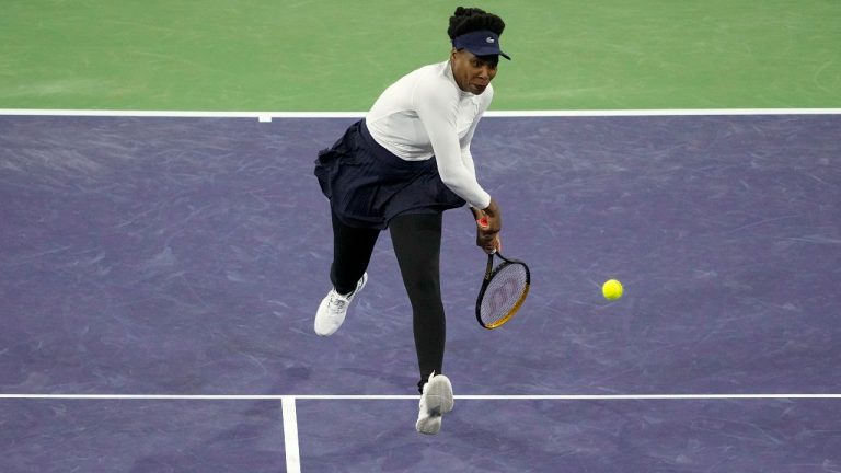 Venus Williams, of the United States, hits a return to Nao Hibino, of Japan, during their match at the BNP Paribas Open tennis tournament Wednesday, March 6, 2024, in Indian Wells, Calif. (Mark J. Terrill/AP Photo)