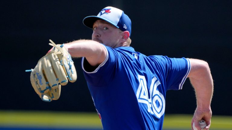 Toronto Blue Jays starting pitcher Wes Parsons warms up before the first inning of a spring training baseball game against the Philadelphia Phillies Monday, March 4, 2024, in Dunedin, Fla. (Charlie Neibergall/AP)