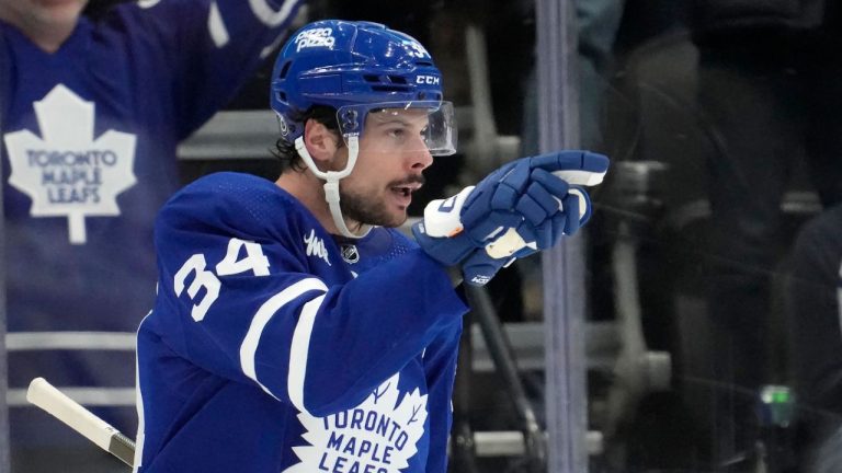 Toronto Maple Leafs centre Auston Matthews celebrates his goal against the Florida Panthers during first period NHL hockey action in Toronto on Monday, April 1, 2024. (Frank Gunn/CP Photo)