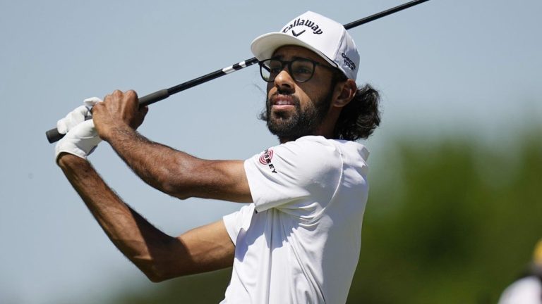 Akshay Bhatia watches his tee shot on the fourth hole during the first round of the Texas Open golf tournament, Thursday, April 4, 2024, in San Antonio. (AP/Eric Gay)