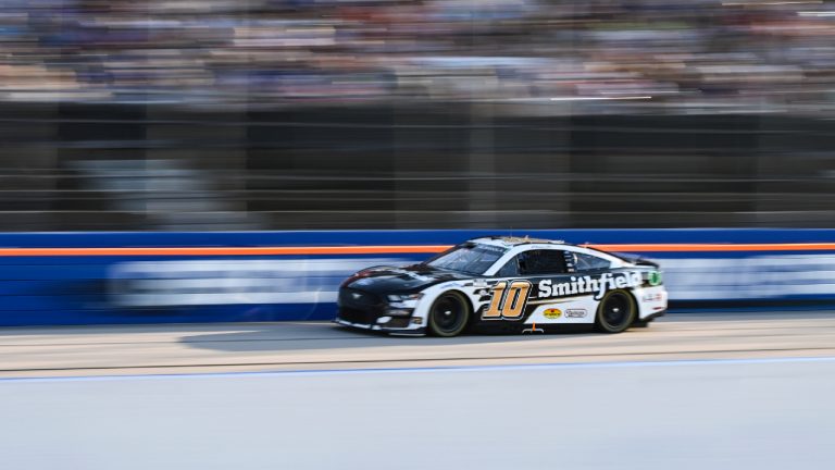 Aric Almirola (10) competes down the front stretch during a NASCAR Cup Series auto race at Darlington Raceway, Sunday, Sept. 3, 2023, in Darlington, S.C. (Matt Kelley/AP)