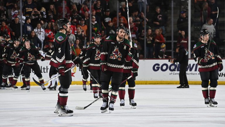 TEMPE, ARIZONA - MARCH 16: Nick Schmaltz #8 of the Arizona Coyotes salutes the fans after a 4-1 win against the New Jersey Devils at Mullett Arena on March 16, 2024 in Tempe, Arizona. (Norm Hall/NHLI via Getty Images)