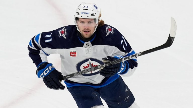 Winnipeg Jets' Axel Jonsson-Fjallby plays against the Boston Bruins during the first period of an NHL hockey game, Monday, Jan. 22, 2024, in Boston. (Michael Dwyer/AP Photo)