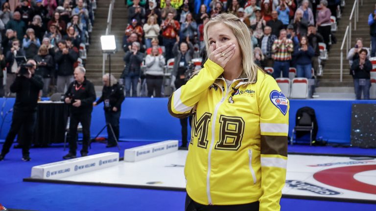 Team Manitoba-Jones skip Jennifer Jones becomes emotional after being defeated by Team Ontario-Homan in the final at the Scotties Tournament of Hearts in Calgary, Sunday, Feb. 25, 2024. THE CANADIAN PRESS/Jeff McIntosh