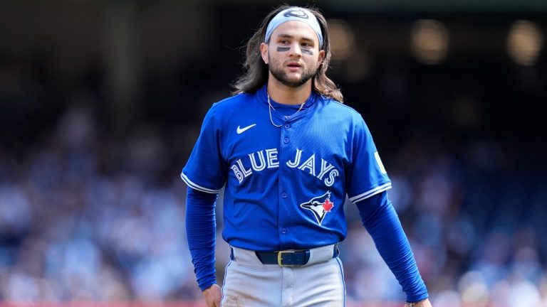 Toronto Blue Jays' Bo Bichette during the first inning of a baseball game against the New York Yankees Sunday, April 7, 2024, in New York. (AP Photo/Frank Franklin II)