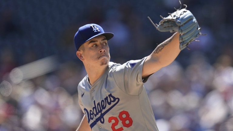 Los Angeles Dodgers starting pitcher Bobby Miller (28) delivers during the first inning of a baseball game against the Minnesota Twins, Wednesday, April 10, 2024, in Minneapolis. (AP/Abbie Parr)